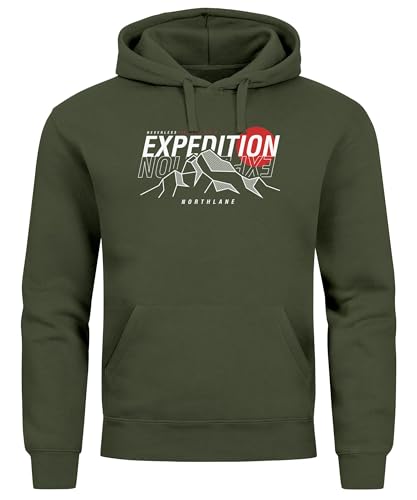 Neverless® Hoodie Herren Outdoor Berge Wandern Naturliebhaber Expedition Northlane Aufschrift Männer Printshirt Fashion Streetstyle Oliv L von Neverless