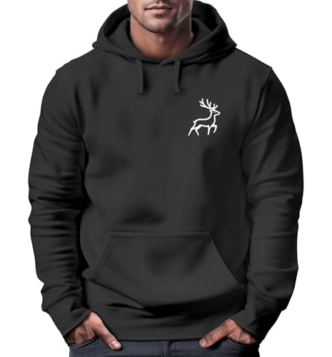 Neverless® Hoodie Herren Print Aufdruck Hirsch Wald-Tiere Kapuzen-Pullover Männer Outdoor Fashion Streetstyle schwarz L von Neverless