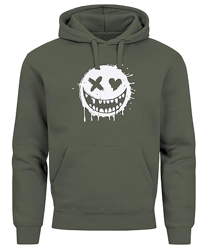 Neverless® Hoodie Herren Print Aufdruck Motiv Smiling Drip Face Männer Fashion Streetstyle Oliv L von Neverless