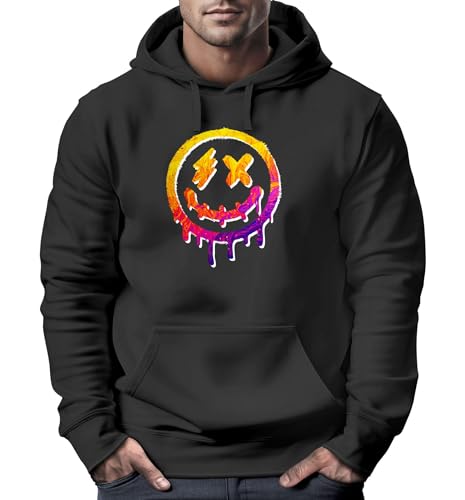 Neverless® Hoodie Herren Print Drip Face Smile Neon Aufdruck Motiv Kapuzenpullover Techwear Fashion Streetstyle schwarz XXL von Neverless