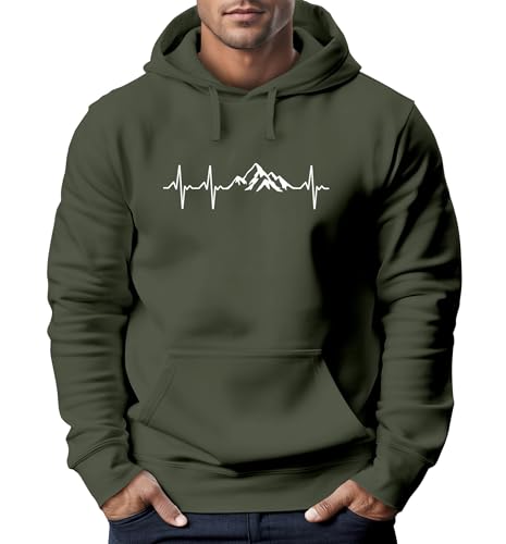 Neverless® Hoodie Herren Print Wandern Berge Herzschlag Outdoor Aufdruck Motiv Männer Fashion Oliv L von Neverless