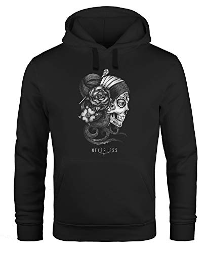 Neverless® Hoodie Herren Santa Muerte La Catrina Mexican Skull Dia de los Muertos Tattoo Design Kapuzen-Pullover Männer schwarz 4XL von Neverless