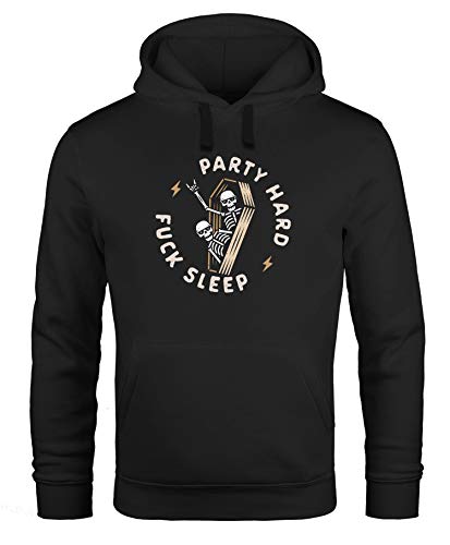 Neverless® Hoodie Herren Schriftzug Party Hard Fuck Sleep 2 Skelette im Sarg Kapuzen-Pullover Männer schwarz XL von Neverless