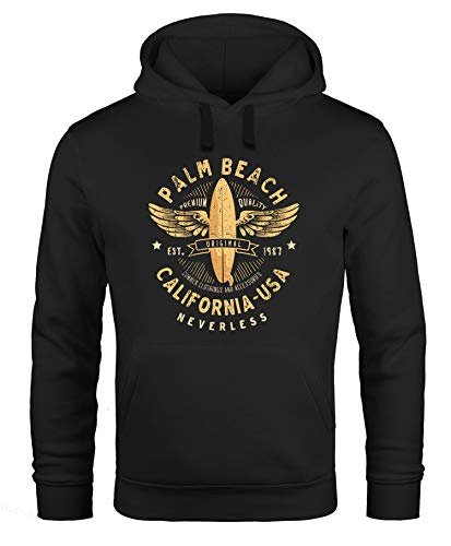 Neverless® Hoodie Herren Surfing Motiv Vintage Effekt Palm Beach California USA Schriftzug Fashion Streetstyle Kapuzen-Pullover Männer schwarz 4XL von Neverless