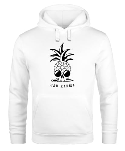 Neverless® Hoodie Herren Totenkopf Ananas Schriftzug Bad Karma Kapuzen-Pullover Männer Fashion Streetstyle weiß M von Neverless