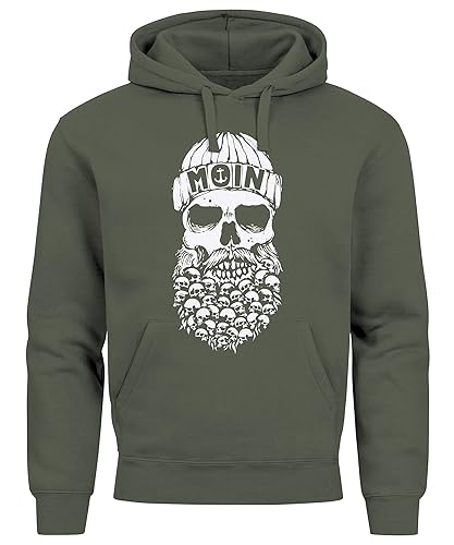 Neverless® Hoodie Herren Totenkopf Nordisch Moin Hamburg Dialekt Skull Anker Fashion Streetstyle Oliv 3XL von Neverless