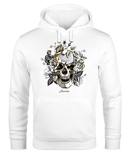 Neverless® Hoodie Herren Totenkopf Rosen Skull Roses Schädel Kapuzen-Pullover Männer weiß XS von Neverless