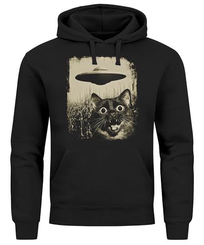 Neverless® Hoodie Herren UFO Katze Alien Print Kapuzen-Pullover mit Aufdruck für Männer Fashion Streetstyle Frontprint schwarz 5XL von Neverless