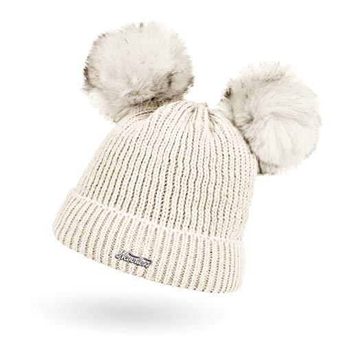 Neverless® Kinder Mädchen Strickmütze Zwei Bommel Kunstfell Doppelbommel Bommelmütze Wintermütze Pudelmütze Rippstrick Creme Unisize von Neverless