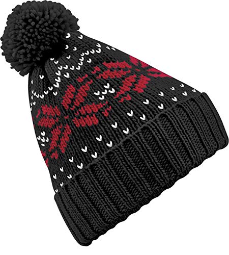 Neverless® Strickmütze Damen Norweger Mütze Wintermütze Bommelmütze schwarz-rot Unisize von Neverless