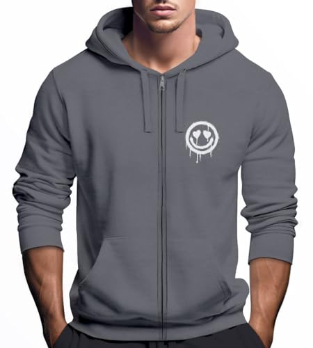 Neverless® Sweatjacke Herren Print Smile Drip Face Aufdruck Zip-Hoodie mit Kapuze Männer Fashion Streetstyle Convoy Grey XL von Neverless