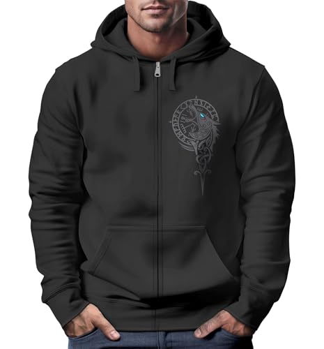 Neverless® Sweatjacke Herren mit Kapuze Fenrir Nordische Mythologie Wikinger Print Zipjacke Männer schwarz XL von Neverless