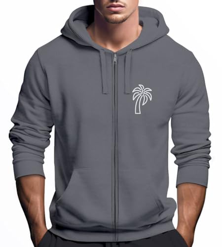 Neverless® Sweatjacke mit Kapuze Herren Print Palme Line Art Motiv Hoodie-Zipjacke Männer Fashion Streetstyle Convoy Grey M von Neverless
