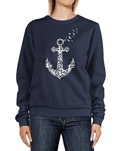 Neverless® Sweatshirt Damen Anker Vögel Print Aufdruck Rundhals-Pullover Pulli Sweater Navy M von Neverless
