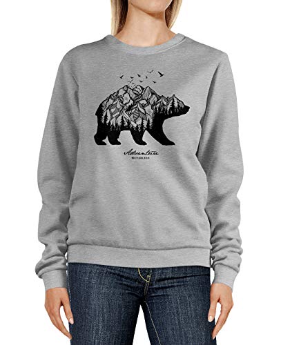 Neverless® Sweatshirt Damen Aufdruck Bär Berge Wald Mountains Adventure Rundhals-Pullover Pulli Sweater grau-Melange XXL von Neverless