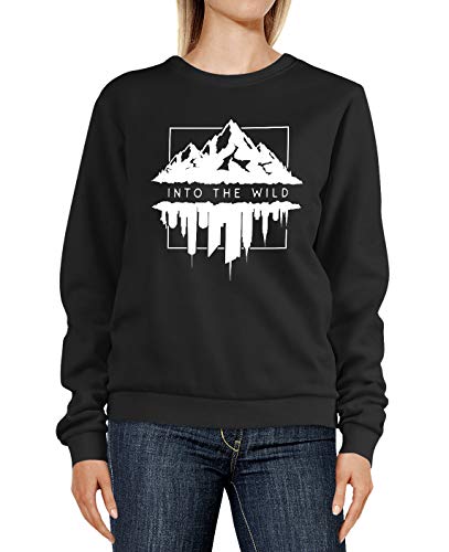 Neverless® Sweatshirt Damen Aufdruck Into The Wild Berge Versus Skyline Adventure Abenteuer Rundhals-Pullover Pulli Sweater schwarz S von Neverless