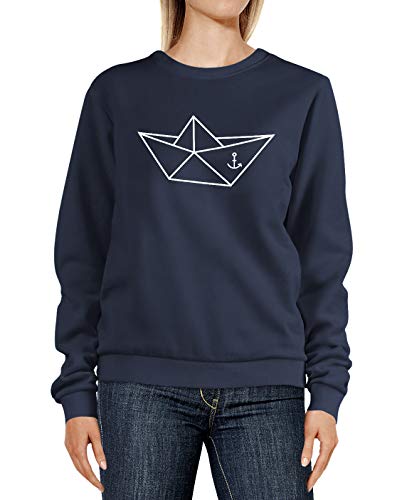 Neverless® Sweatshirt Damen Aufdruck maritim Papier-Schiffchen Origami Polygon Anker Seemann Schiff Rundhals-Pullover Pulli Sweater Navy M von Neverless