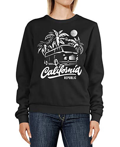 Neverless® Sweatshirt Damen California Schriftzug Surf Bus Palmen Abenteuer Urlaub Rundhals-Pullover Pulli Sweater schwarz XS von Neverless