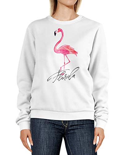 Neverless® Sweatshirt Damen Flamingo Print Florida Schriftzug Watercolor Design Rundhals-Pullover Pulli Sweater weiß XL von Neverless