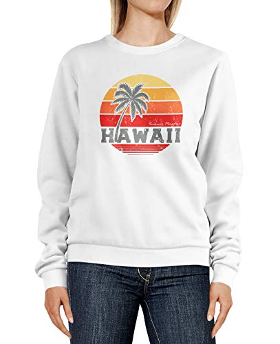 Neverless® Sweatshirt Damen Hawaii Aufdruck Schriftzug Tropical Retro Print Palme Rundhals-Pullover Pulli Sweater weiß XS von Neverless