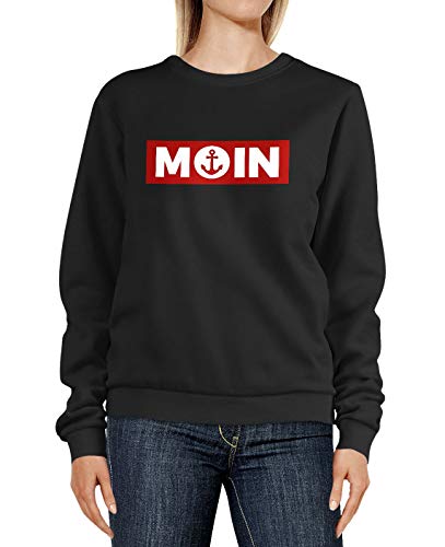 Neverless® Sweatshirt Damen Moin norddeutsch Morgen Anker Badge Rundhals-Pullover Pulli Sweater schwarz L von Neverless