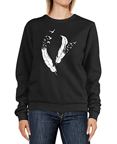 Neverless® Sweatshirt Damen Print Feder Vögel Rundhals-Pullover Pulli Sweater schwarz M von Neverless