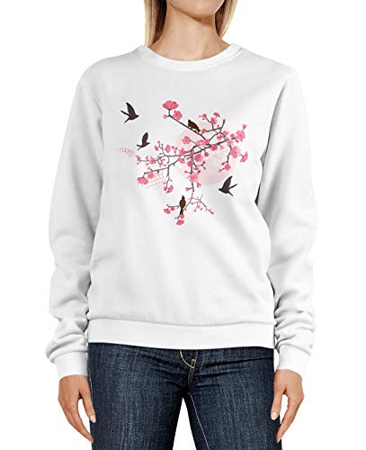 Neverless® Sweatshirt Damen Print Kirschblüten Vögel Japan Rundhals-Pullover Pulli Sweater weiß M von Neverless