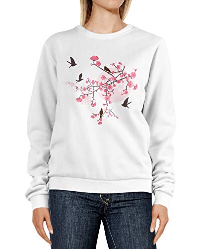 Neverless® Sweatshirt Damen Print Kirschblüten Vögel Japan Rundhals-Pullover Pulli Sweater weiß S von Neverless