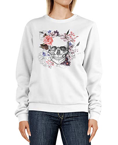 Neverless® Sweatshirt Damen Totenkopf Blumen Boho Design Print Flower Skull Rundhals-Pullover Pulli Sweater weiß L von Neverless