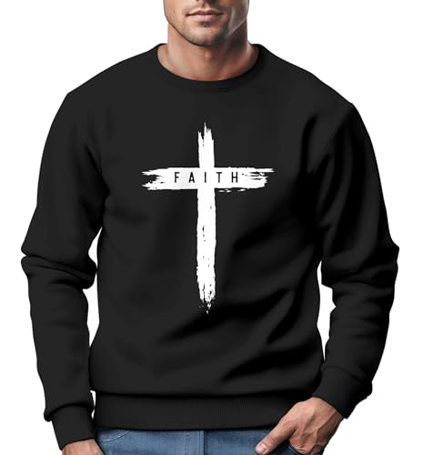 Neverless® Sweatshirt Herren Aufdruck Kreuz Cross Faith Glaube Trend-Motiv Techwear Rundhals-Pullover Fashion schwarz M von Neverless