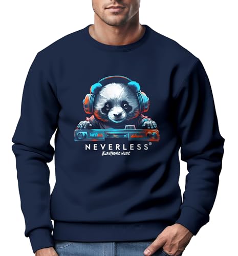 Neverless® Sweatshirt Herren Aufdruck Panda Bär Techno DJ Musik Rundhals-Pullover Fashion Streetwear Navy XS von Neverless