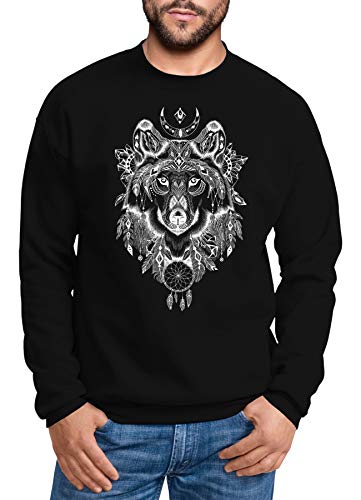 Neverless® Sweatshirt Herren Aufdruck Wolf-Motiv Print Boho Bohemian Ethno Style Rundhals-Pullover schwarz XS von Neverless