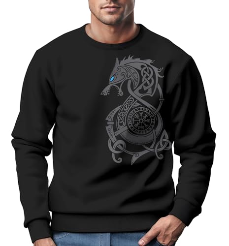 Neverless® Sweatshirt Herren Fenriswolf Fenrir Wikinger Kompass nordisch Vegvisir Wolf Asgard Rundhals-Pullover schwarz M von Neverless