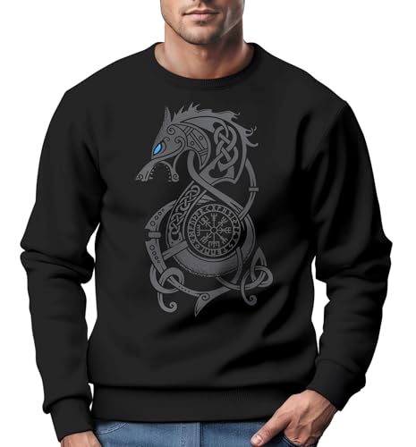 Neverless® Sweatshirt Herren Fenriswolf Fenrir Wikinger Kompass nordisch Vegvisir Wolf Asgard Rundhals-Pullover Schwarz M von Neverless