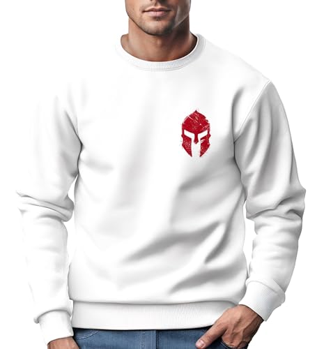 Neverless® Sweatshirt Herren Logo Print Sparta-Helm Spartaner Gladiator Krieger Warrior Rundhals-Pullover Fashion Streetwear weiß L von Neverless