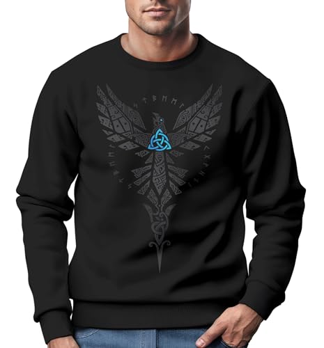 Neverless® Sweatshirt Herren Munin Raven Odin Valknut Valhalla Wikinger Nordmänner Mythologie Rundhals-Pullover Schwarz XS von Neverless