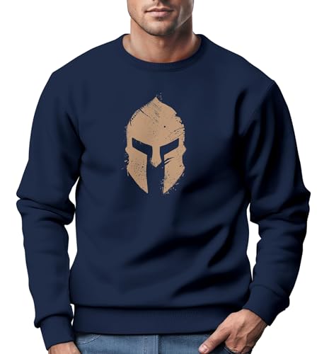 Neverless® Sweatshirt Herren Print Sparta-Helm Spartaner Gladiator Krieger Warrior Rundhals-Pullover Bedruckt Fashion Streetwear Navy-gelb XXL von Neverless