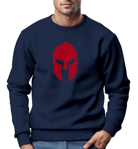 Neverless® Sweatshirt Herren Print Sparta-Helm Spartaner Gladiator Krieger Warrior Rundhals-Pullover Bedruckt Fashion Streetwear Navy-rot 3XL von Neverless