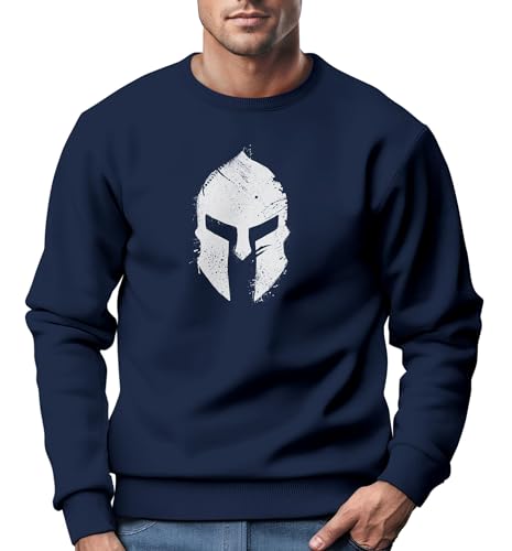 Neverless® Sweatshirt Herren Print Sparta-Helm Spartaner Gladiator Krieger Warrior Rundhals-Pullover Bedruckt Fashion Streetwear Navy weiß 4XL von Neverless