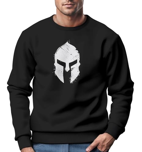 Neverless® Sweatshirt Herren Print Sparta-Helm Spartaner Gladiator Krieger Warrior Rundhals-Pullover Bedruckt Fashion Streetwear schwarz -Weiss 4XL von Neverless