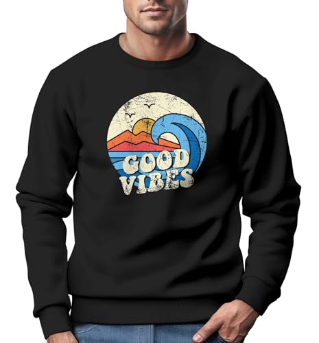 Neverless® Sweatshirt Herren Print Vintage Grafik Welle Sonne Surfen Rundhals-Pullover Fashion schwarz XS von Neverless