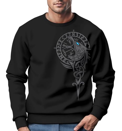 Neverless® Sweatshirt Herren Wikinger Kompass Fenriswolf Fenrir Vegvisir Wolf Asgard Valhalla Rundhals-Pullover schwarz 3XL von Neverless