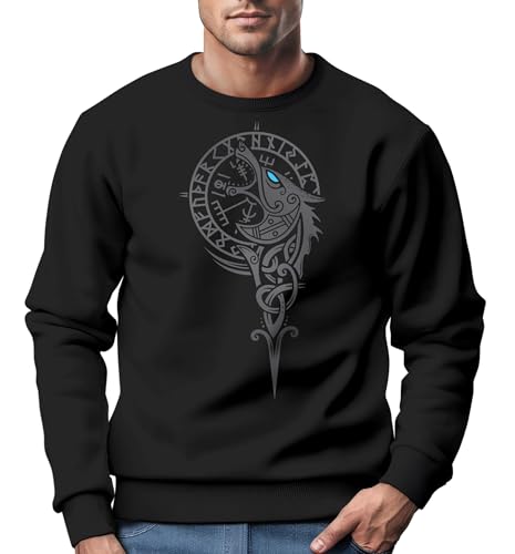 Neverless® Sweatshirt Herren Wikinger Kompass Fenriswolf Fenrir Vegvisir Wolf Asgard Valhalla Rundhals-Pullover Schwarz XL von Neverless