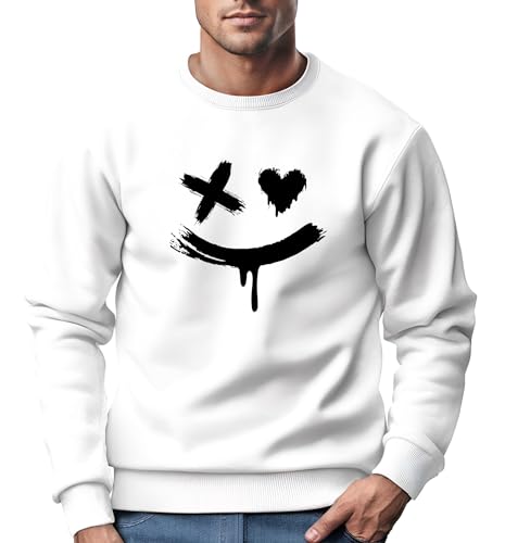 Neverless® Sweatshirt Herren mit Aufdruck Motiv Smile Print Rundhals-Pullover Fashion Streetwear weiß XL von Neverless