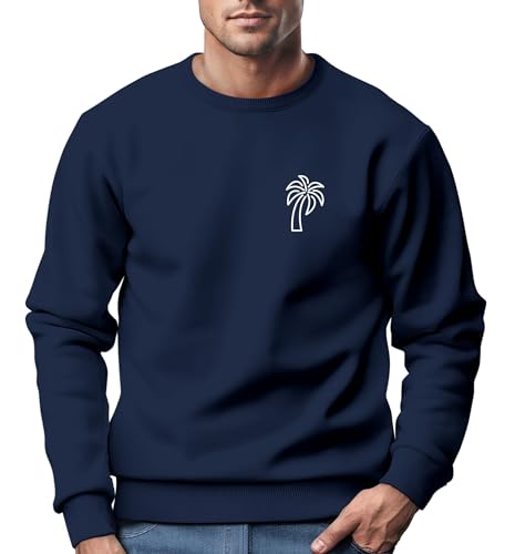 Neverless® Sweatshirt Sweatshirt Herren Aufdruck Print Palme Line Art Motiv Rundhals-Pullover Fashion Streetwear Navy-weiß L von Neverless