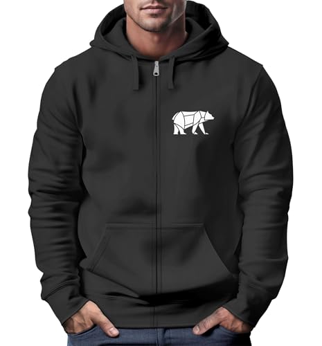 Neverless® Zip-Hoodie Sweatjacke mit Kapuze Wandern Bär Line-Art Print Aufdruck Zipjacke Männer Fashion Streetstyle Schwarz L von Neverless