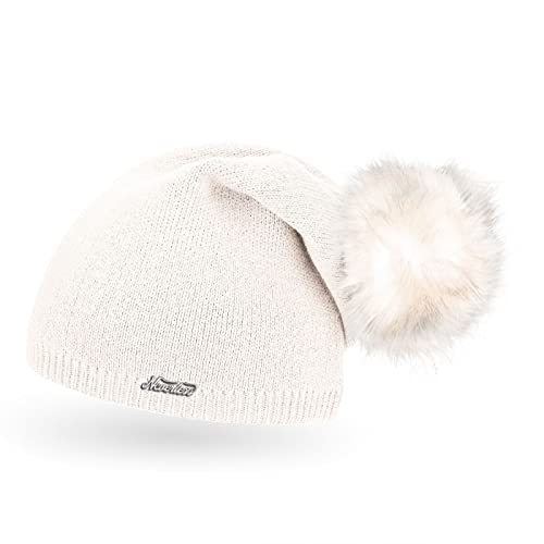 Neverless® außergewöhnliche Damen Strickmütze mit Fell-Bommel, Strick-Beanie Creme Unisize von Neverless