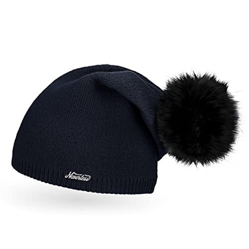 Neverless® außergewöhnliche Damen Strickmütze mit Fell-Bommel, Strick-Beanie Navy Unisize von Neverless