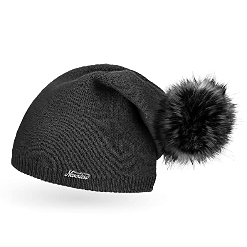 Neverless® außergewöhnliche Damen Strickmütze mit Fell-Bommel, Strick-Beanie dunkelgrau Unisize von Neverless