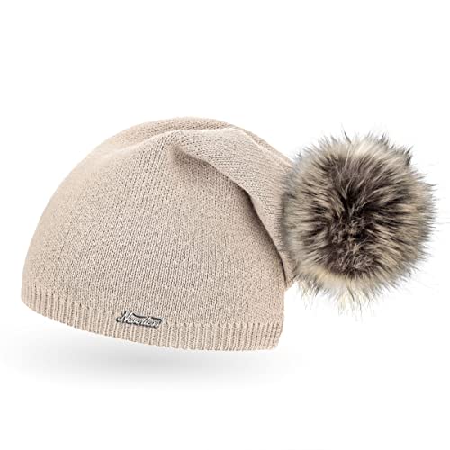 Neverless® außergewöhnliche Damen Strickmütze mit Fell-Bommel, Strick-Beanie hell-beige Unisize von Neverless